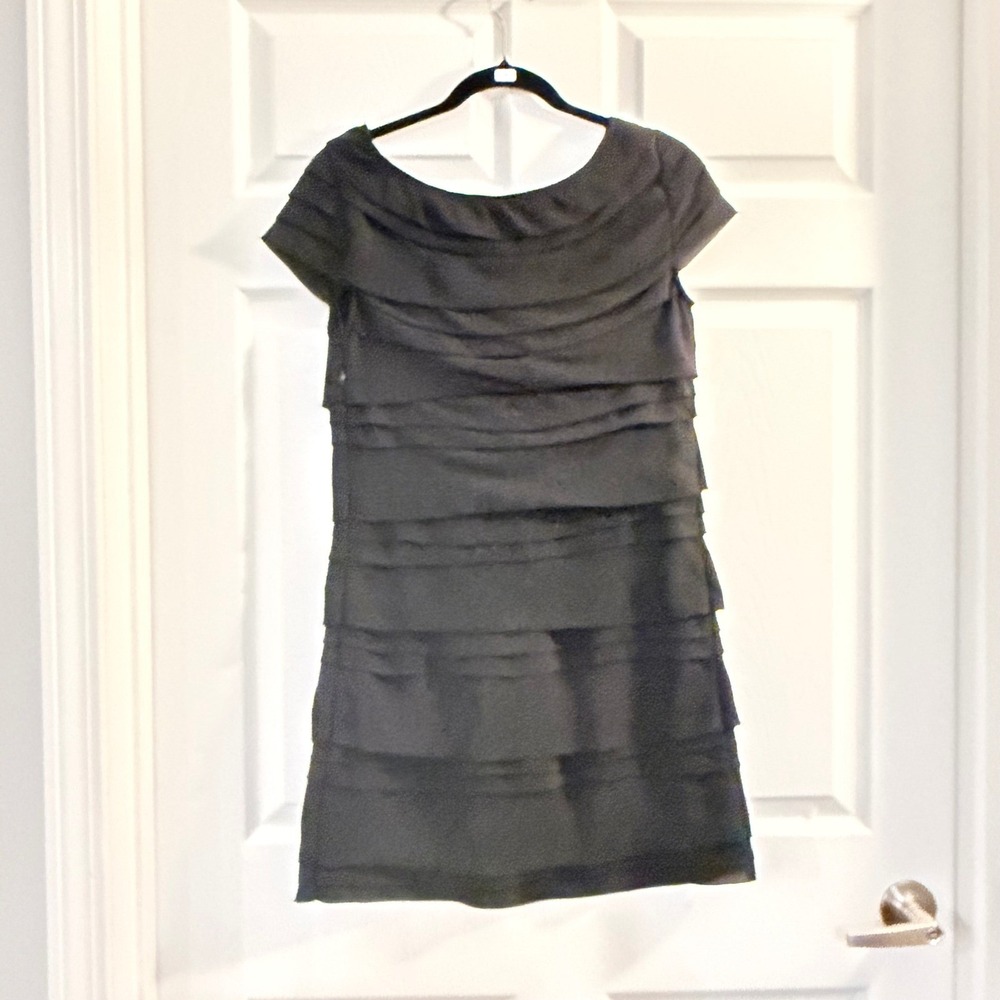 Shulami Tiered Ruffle Mini Dress Black Large LBD Cocktail Party Slim Minimalist